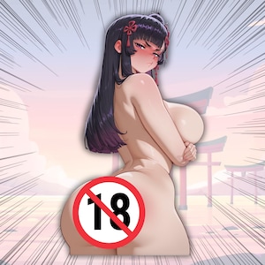 May include: An illustration of a nude woman with long black hair and red hair accessories. A red circle with the number 18 and a line through it is over her buttocks. The background features a Japanese-style structure.
