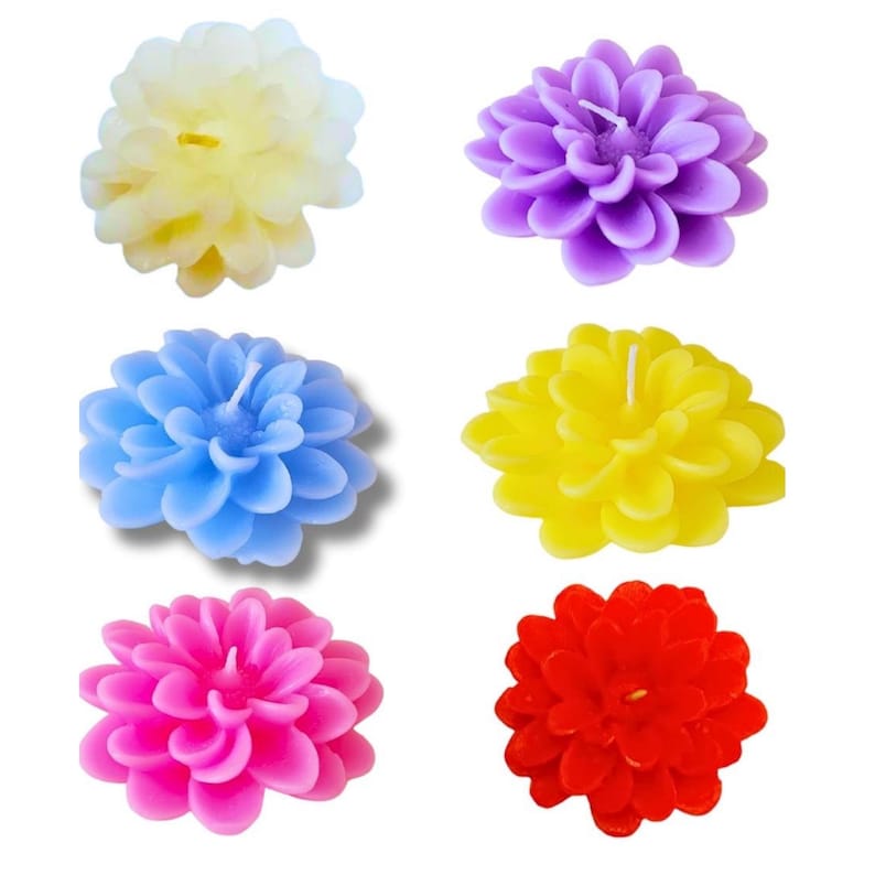 May include: A set of six flower-shaped candles in various colors including pale yellow, purple, light blue, bright yellow, pink, and red. Each candle features multiple layered petals arranged in a circular pattern with a central white wick.