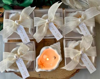 Concrete Seashell Candle Favor – Scented Coastal Wedding Gift with Pearls & Starfish