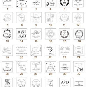 May include: A grid of thirty-five square tag design options featuring black line art illustrations, monograms, and text for personalization. Each square is numbered from one to thirty-five, with a final box labeled Custom Design Or Your Monogram-Logo.