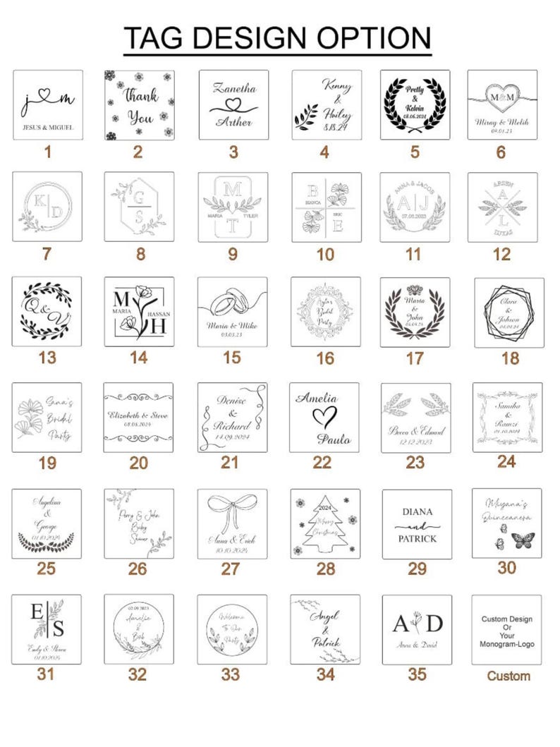 May include: A grid of thirty-five square tag design options featuring black line art illustrations, monograms, and text for personalization. Each square is numbered from one to thirty-five, with a final box labeled Custom Design Or Your Monogram-Logo.