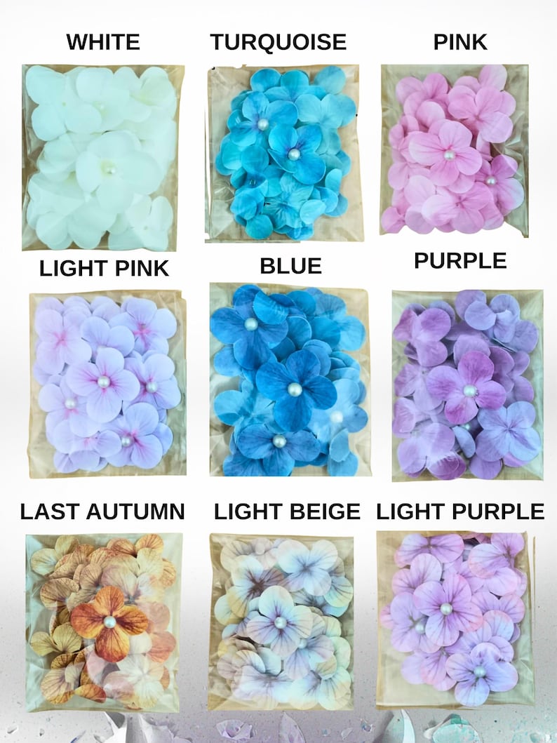 May include: Nine clear plastic bags filled with artificial hydrangea flowers in various colors, including white, turquoise, pink, light pink, blue, purple, last autumn, light beige, and light purple. Each flower has a pearl center.