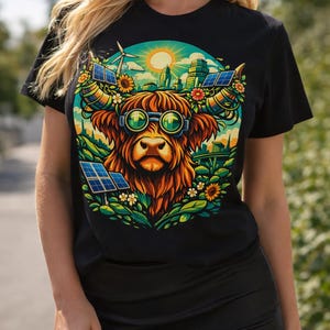 May include: Black t-shirt featuring a colorful graphic of a Highland cow wearing sunglasses, surrounded by solar panels, sunflowers, and a cityscape. The design promotes renewable energy and environmental awareness.