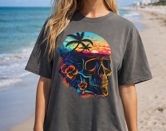 Oversized Graphic T-Shirt: Skull, Palm Trees, Beach Sunset