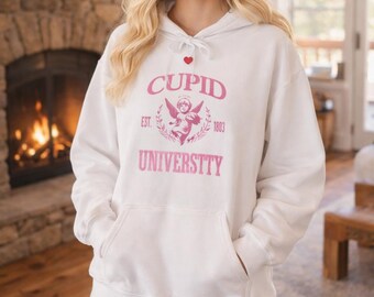 Cupid University Hoodie Gift for Her Romantic Valentine Sweatshirt Cozy College Style Love Hoodie