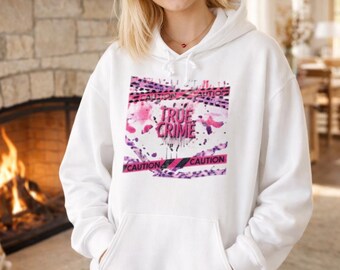 True Crime Graphic Hoodie: Pink, Cozycore Sweatshirt