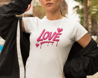 Airbrush Love Shirt Y2K Aesthetic Dripping Love Graphic Tee Valentines Day Gift Romantic Pink Heart Shirt Cute Girlfriend Gift