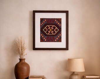 Ingelijste kelim muurkunst, authentiek Anatolisch textiel, handgemaakt bohodecor