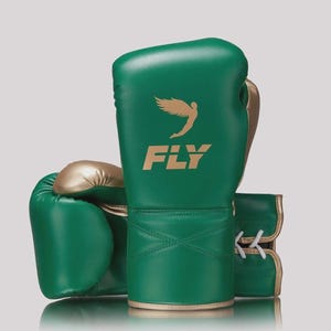 Può includere: Un paio di guantoni da boxe verdi con dettagli dorati. I guantoni presentano la scritta "FLY" in oro, accompagnata da una grafica dorata di un uccello. I guantoni sono realizzati in materiale liscio e hanno lacci bianchi.