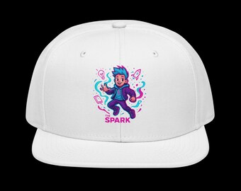 Gorra Spark Snapback / Gorra con Mascota Creativa / Gorra Estilo Urbano Neón / Gorra Gráfica de Visera Plana para Creadores