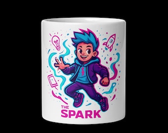 Taza gráfica estilo neón Spark: taza de café de cerámica que transmite energía vibrante y creatividad (325 ml).
