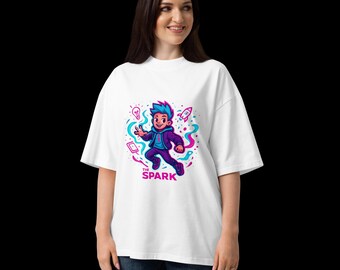 Camiseta extragrande para mujer Spark / Camiseta con estampado de mascota creativa / Camiseta urbana de dibujos animados neón para mentes creativas