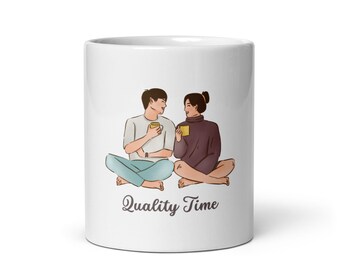 Taza de café "Tiempo de calidad", regalo romántico para parejas, regalo de aniversario para novio o novia, linda taza de amor, decoración acogedora para el hogar, regalo para él.