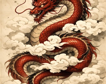 Ukiyo-e Roter Drache Druck, japanische mythische Kunst digitaler Download