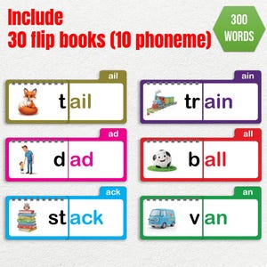 May include: Educational flashcards with the words "tail", "train", "dad", "ball", "stack", and "van". Each card features a colourful illustration and the word. The image also includes the text "Include 30 flip books (10 phoneme) 300 words".