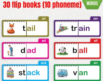 May include: Educational flashcards with the words "tail", "train", "dad", "ball", "stack", and "van". Each card features a colorful illustration and the word. The image also includes the text "Include 30 flip books (10 phoneme) 300 words".