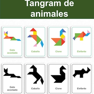 May include: A set of eight rectangular cards featuring animal tangram puzzles. The top row displays colorful geometric shapes forming a cat, horse, swan, and elephant. The bottom row shows the same silhouettes in solid black. Text reads Rompecabezas Tangram de animales.