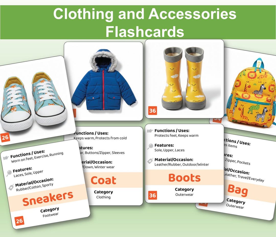 Clothing and Accessories Flashcards for Kids | 48 Pairs, Learning Cards ...