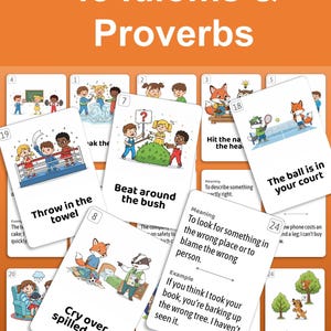 Op de afbeelding: Een set flashcards met de titel "48 Idioms & Proverbs" in oranje. Elke kaart bevat een kleurrijke illustratie en het idioom of spreekwoord met de betekenis. De kaarten zijn ontworpen voor educatieve doeleinden.