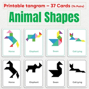 May include: A set of printable tangram cards with animal shapes. The cards show colourful and black tangram puzzles of a horse, elephant, swan, and cat. The text "Animal Shapes" is in large green letters.