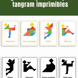 May include: A set of printable tangram cards featuring human figures in various poses. The top row displays colorful geometric shapes forming figures labeled Patinador, Estar sentado, Saltar, and Ofrenda. The bottom row shows black silhouettes of the same poses.