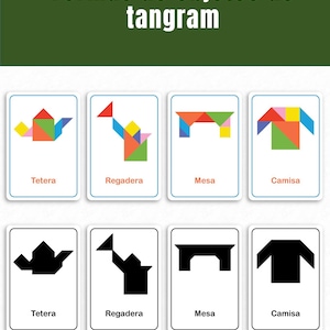 May include: A set of educational cards titled Formas de objetos de tangram, featuring colorful tangram shapes and their black silhouettes. The cards display figures labeled Tetera, Regadera, Mesa, and Camisa, showing how geometric pieces form a teapot, watering can, table, and shirt.