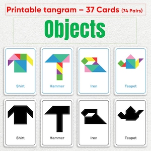 Puede incluir: Juego de tarjetas tangram imprimibles con formas geométricas coloridas que representan objetos. Las tarjetas incluyen imágenes de una camisa, un martillo, una plancha y una tetera. El texto "Objects" se muestra en letras verdes.