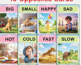 Opposites Words Activity for Preschool Learning, First Words Flash Cards (Digital Download) for Kids