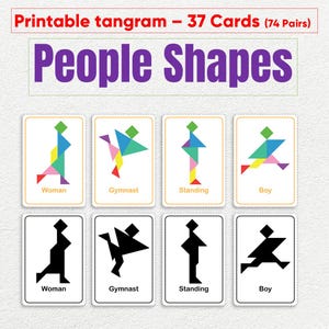 May include: A set of printable tangram cards featuring geometric shapes arranged to form human figures. The cards display colorful and black and white illustrations of people in various poses, including a woman, gymnast, and boy. Text on the cards reads "People Shapes."