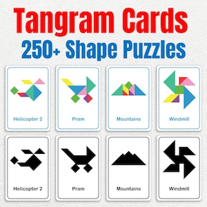 May include: A set of Tangram Cards with 250+ shape puzzles. The cards feature colorful geometric shapes arranged to form images of a helicopter, pram, mountains, and windmill. The text "Tangram Cards" and "250+ Shape Puzzles" are displayed at the top.