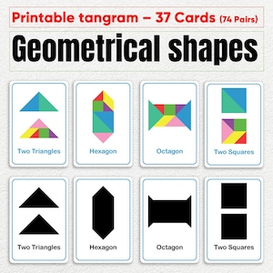 May include: A set of printable tangram cards featuring colorful and black geometric shapes. The cards display shapes like triangles, hexagons, octagons, and squares. Text on the cards reads "Printable tangram - 37 Cards (74 Pairs)" and "Geometrical shapes".