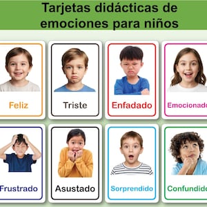 Puede incluir: Tarjetas didácticas para niños que muestran diversas emociones. Cada tarjeta presenta la cara de un niño expresando sentimientos como feliz, triste, enfadado, emocionado, frustrado, asustado, sorprendido y confundido. Las tarjetas tienen bordes de colores y texto en español.