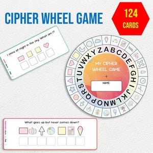 May include: A colorful Cipher Wheel Game set with 124 cards. The game includes a circular cipher wheel, two clue cards with fill-in-the-blank spaces, and the text "Cipher Wheel Game". The wheel has letters, shapes, and icons.