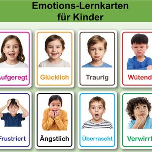 May include: Flash cards for children with the German text "Emotions-Lernkarten für Kinder" at the top. Each card features a child's face expressing a different emotion, with the emotion's name in German below the image.