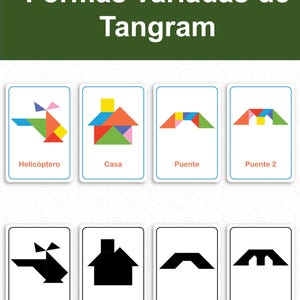 May include: A set of eight rectangular cards titled Formas variadas de Tangram. The top row shows colorful geometric shapes forming a helicopter, house, and two bridges. The bottom row displays the same shapes in solid black silhouettes.