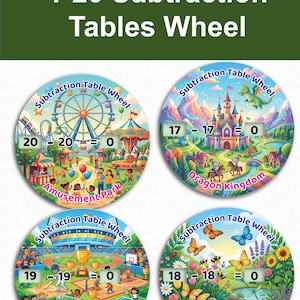 May include: Four circular educational subtraction table wheels featuring colorful illustrations. The top left shows an amusement park, top right a dragon kingdom, bottom left a sports world, and bottom right an insect garden, each with math equations.