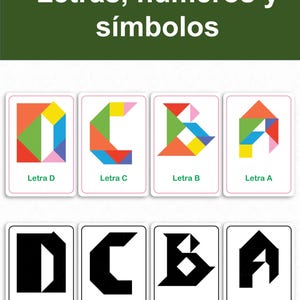 May include: A set of educational cards featuring the text Letras, números y símbolos. The top row displays colorful tangram-style letters D, C, B, and A. The bottom row shows the same letters in solid black, each labeled Letra D, C, B, or A.
