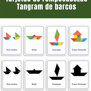 May include: A set of educational cards titled Tarjetas de rompecabezas Tangram de barcos. The cards display colorful and black silhouette tangram boat designs, including Dos botes, Bote, Sampán, and Casa flotante, arranged in two rows.