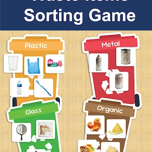以下が含まれることがあります： 廃棄物分別ゲームの教育用ゲーム。ゲームは、プラスチック、金属、ガラス、有機物の4つのカテゴリに分かれています。分別するアイテムの例としては、ペットボトル、缶、鏡、オレンジの皮などがあります。タイトルは「Waste Items Sorting Game」です。