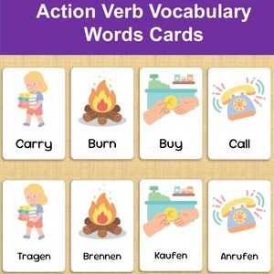 Pode incluir: Flash cards educativos para aprender verbos de ação alemão-inglês. Os cartões apresentam ilustrações de ações como carregar livros, queimar madeira, comprar com euros e usar um telefone. A parte superior dos cartões diz "190+ German-English Action Verb Vocabulary Words Cards."