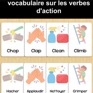 May include: Flashcards with action verbs. The cards show illustrations of actions like chopping wood, clapping hands, cleaning with a spray bottle, and climbing a ladder. The text on the cards includes the words "Chop", "Clap", "Clean", and "Climb".