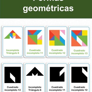 May include: A set of educational cards titled Formas geométricas featuring colorful tangram puzzles and black silhouettes. The cards display various incomplete shapes labeled with text such as Incomplete Triángulo 6, Cuadrado incompleto 11, 12, and 13, showcasing geometric patterns and logic challenges for learning.