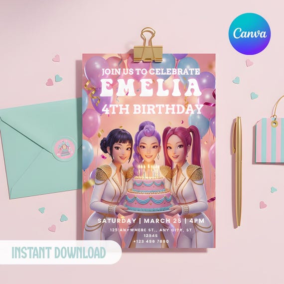 Kpop Demon Hunters Birthday Invitation | Editable Canva Template | Huntrix Party Invite | Kpop Digital Printable