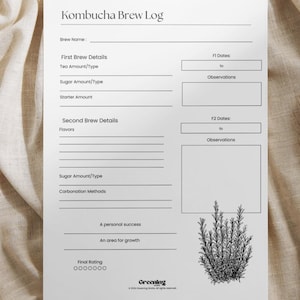 May include: A white paper sheet titled Kombucha Brew Log with black text and lines for recording brew details, F1 and F2 dates, observations, and a final rating. A black and white botanical illustration of a rosemary sprig is at the bottom right.