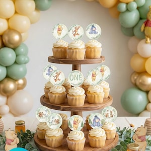 Op de afbeelding: Een houten cupcake stand met cupcakes met witte glazuur en Winnie de Poeh thema toppers. De toppers lezen "Mason's 1st Birthday" en "Thank you for coming". Een ballonnenboog in geel, goud en groen is op de achtergrond.