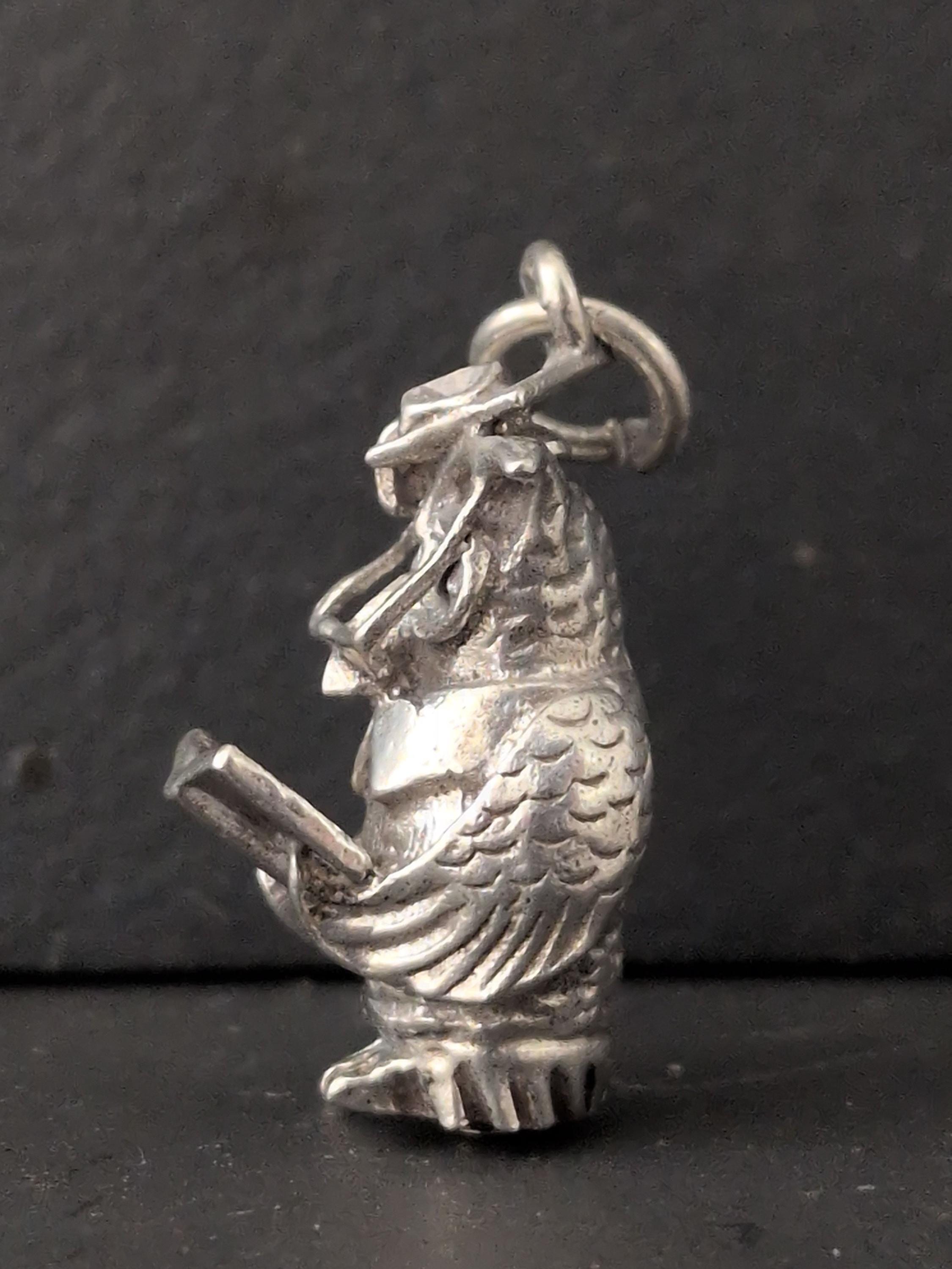 Vintage Silver Wise Owl Charm Detailed Engraving Mid-Century Collectable Teacher Gift Graduation Gif