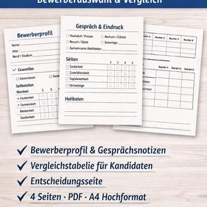 May include: A document titled "WG-CASTING-PROTOKOLL" with sections for applicant profiles, interview notes, and comparison tables. Includes checkboxes and fields for assessment. Features the text "4 Seiten PDF A4 Hochformat".