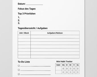 デイリープランナー – ミニマリストデイリープラン – 印刷可能なPDF – フォーカス、優先事項、ToDoリスト – 日付なし – A4