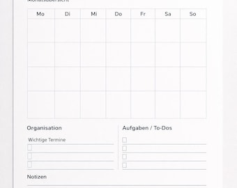 印刷用月間プランナーPDF – 月間プランナーA4 – 日付なし – ミニマリスト – 組織と概要