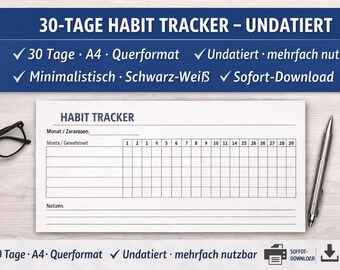 30日間習慣トラッカー – 日付なし – 習慣を追跡 – A4横向きフォーマット – PDF印刷可能 – デジタルダウンロード